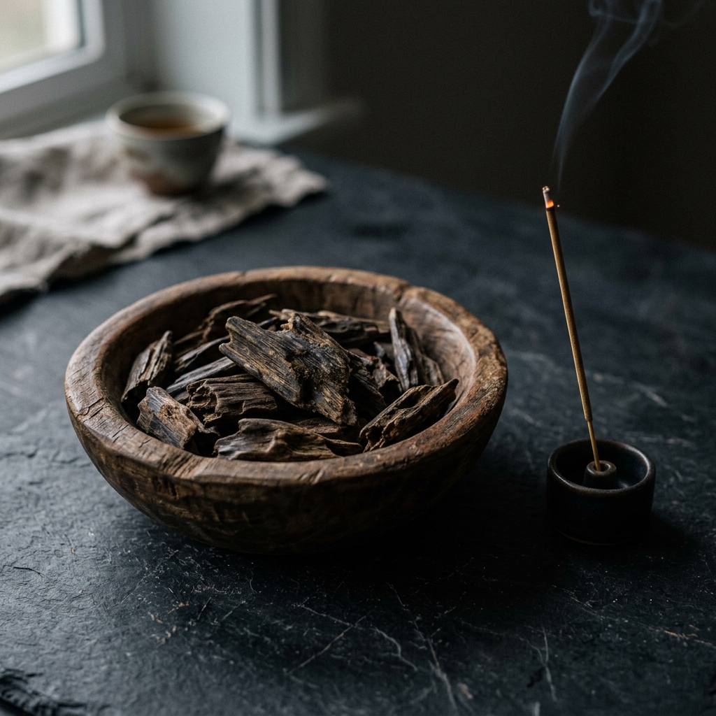 Bát trầm hương thô mộc đặt trên bàn đá đen phong cách wabi-sabi